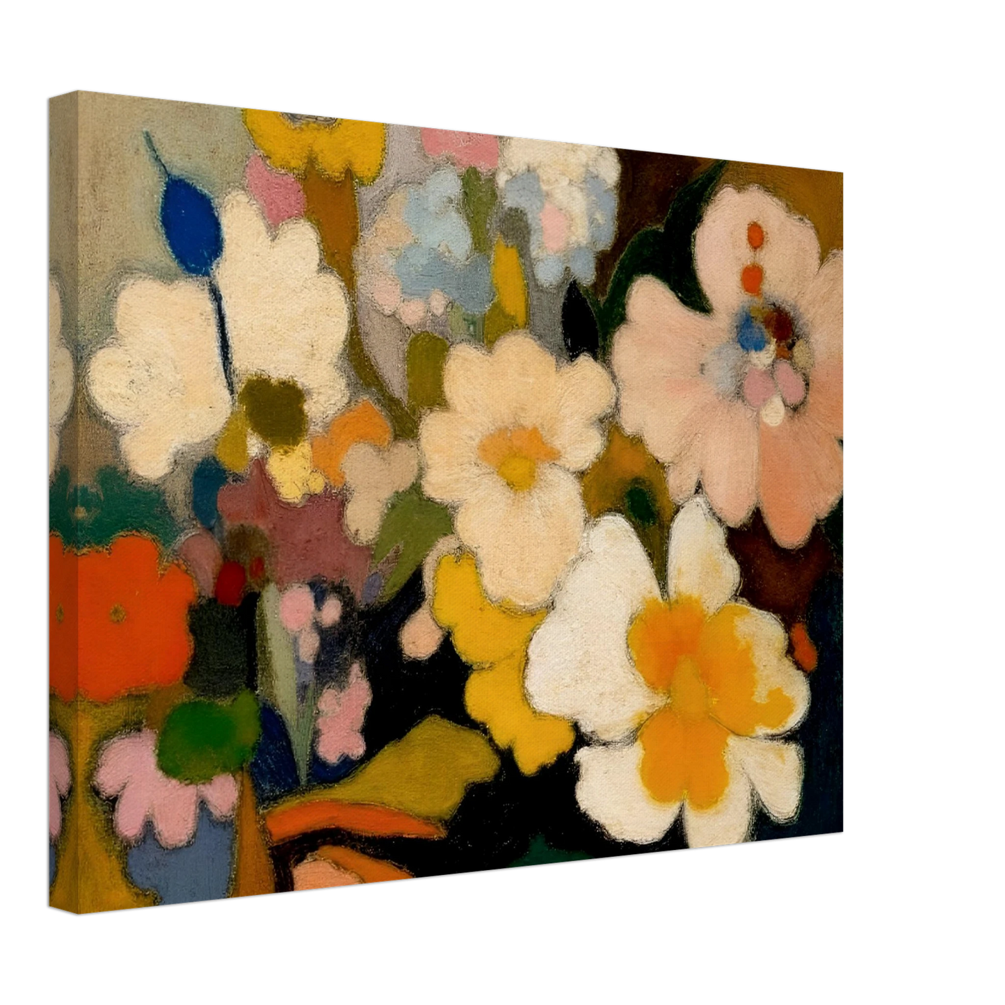Soft floral forms in cream, yellow, pink, and blue gather in a dreamy bouquet filled with warmth and charm.