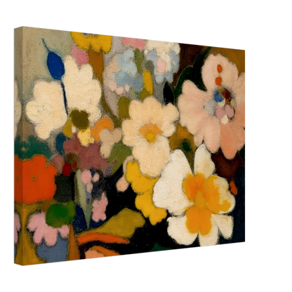 Soft floral forms in cream, yellow, pink, and blue gather in a dreamy bouquet filled with warmth and charm.