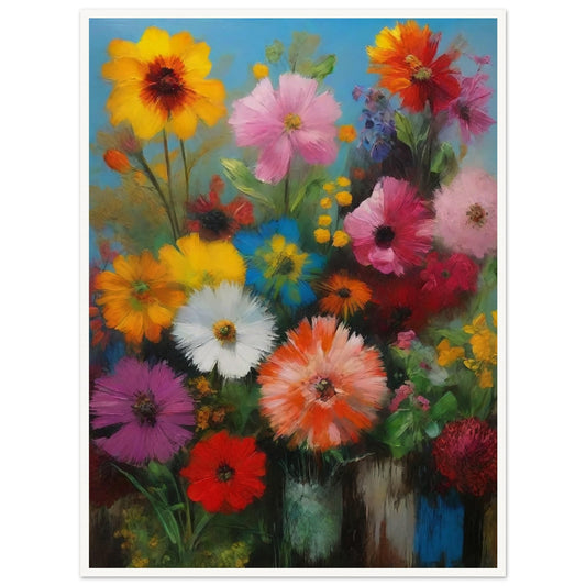 A colorful bouquet of various flowers in full bloom set against a bright blue background, showcasing a mix of vibrant hues.