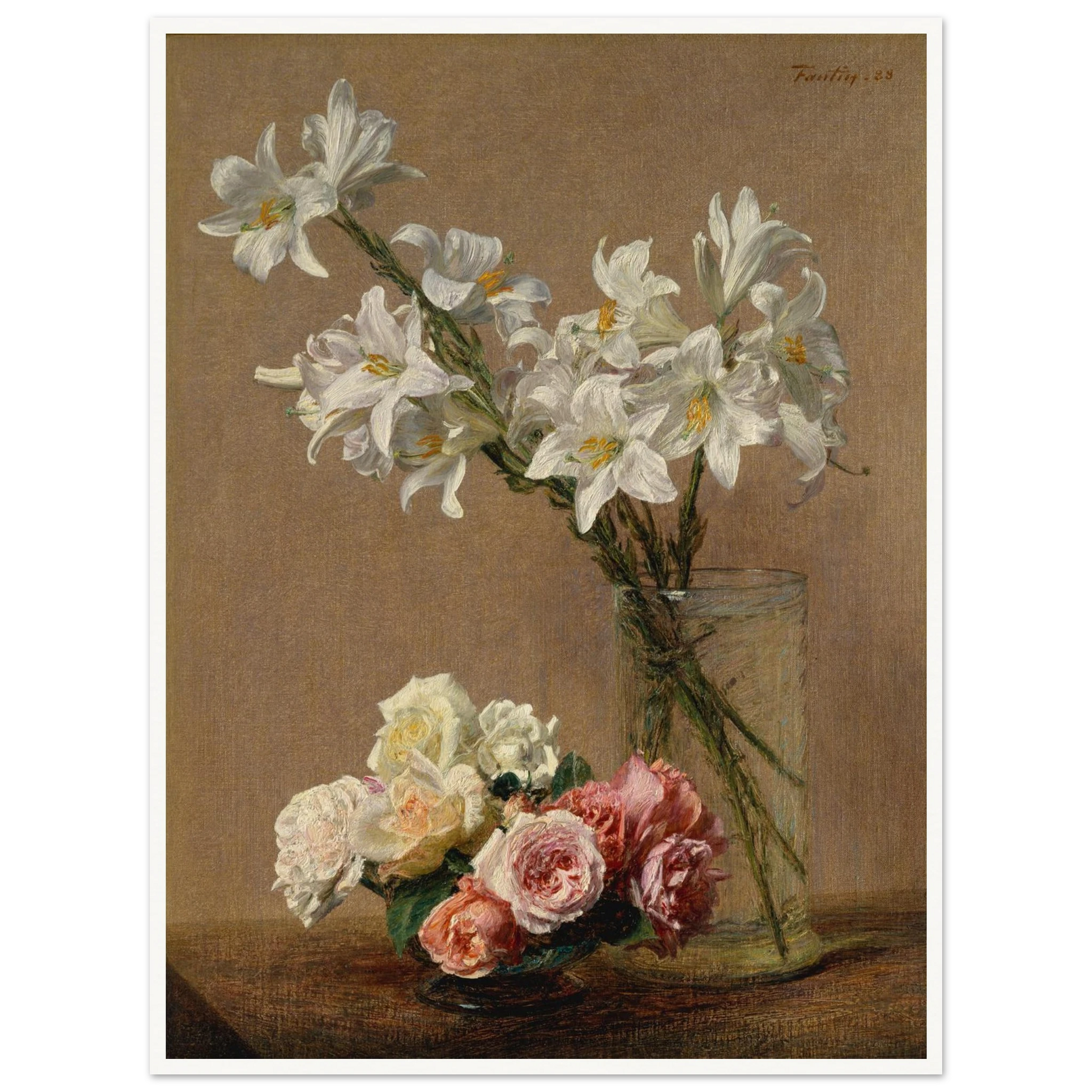 White lilies in a tall glass vase rise above pink and cream roses arranged in a low bowl.