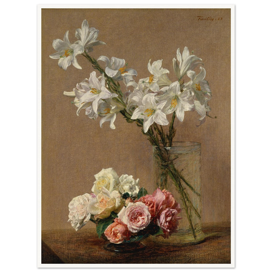White lilies in a tall glass vase rise above pink and cream roses arranged in a low bowl.