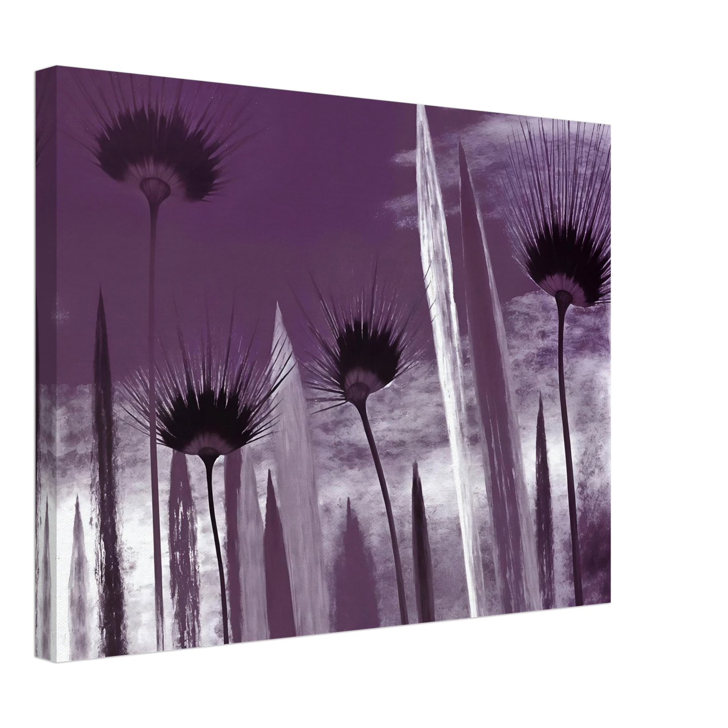 Tall spiky flowers in dark violet silhouettes reach upward against a cloudy lavender sky, evoking mystery and calm.