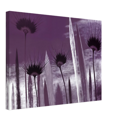 Tall spiky flowers in dark violet silhouettes reach upward against a cloudy lavender sky, evoking mystery and calm.