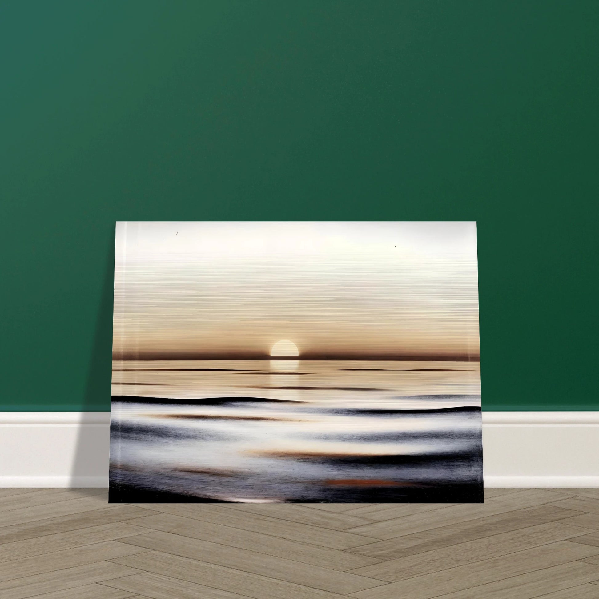 A minimalist seascape capturing the calm of sunrise, where golden light reflects softly on gentle ocean waves.