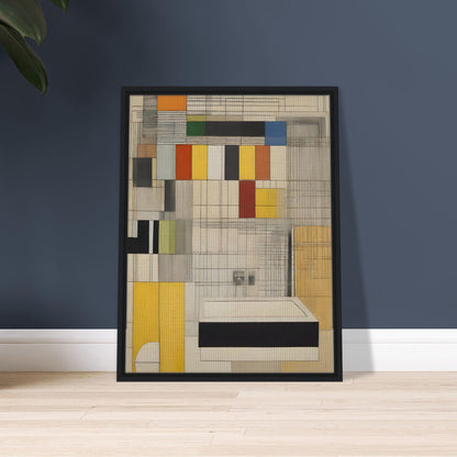 A geometric design with colorful rectangular blocks and intersecting lines, combining muted tones of yellow, red, black, and gray.