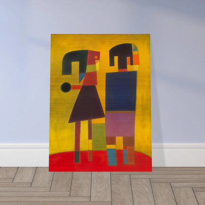 Two stylized figures in bold geometric shapes stand on a red floor against a golden background, evoking quiet connection.