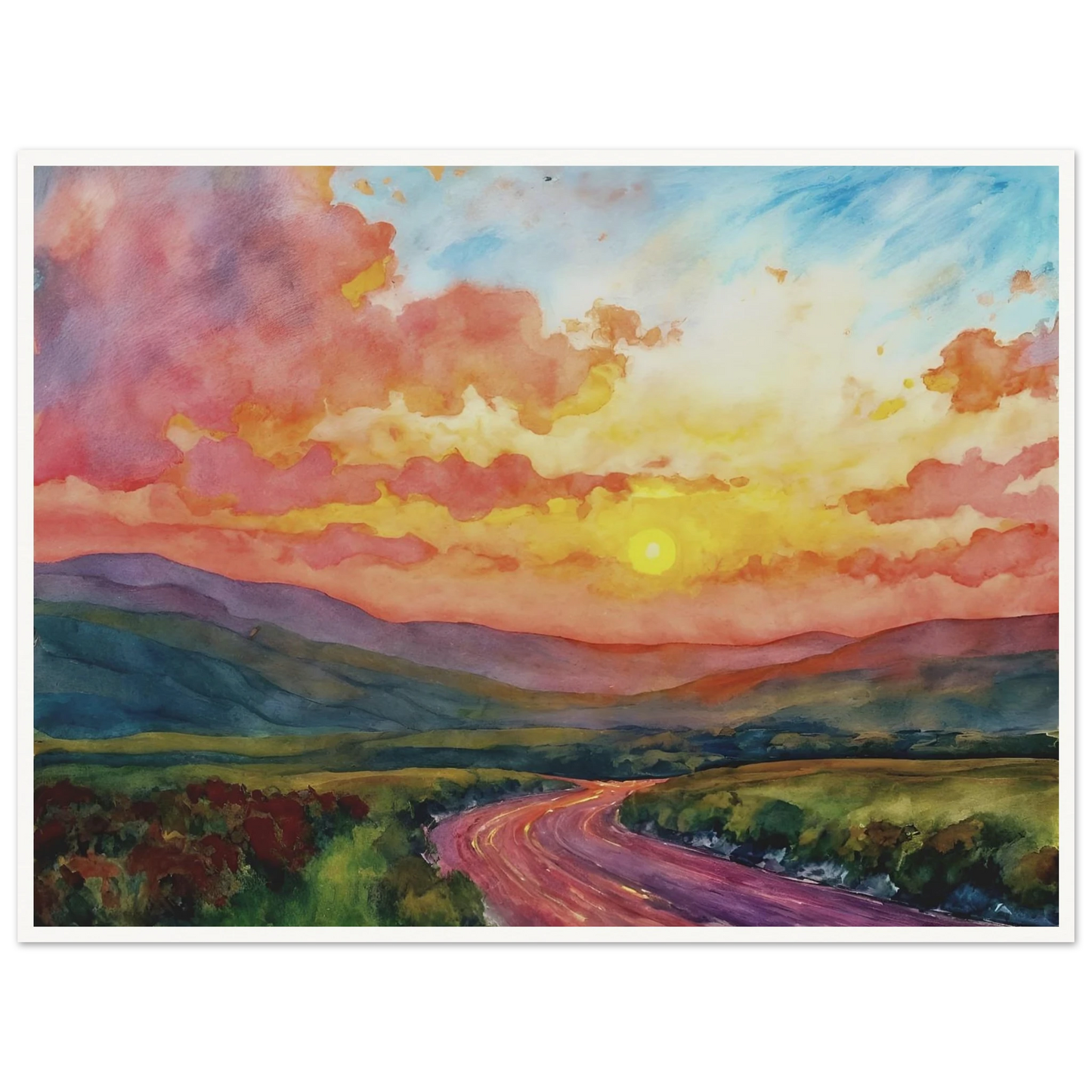 Vibrant watercolor landscape of a winding road through rolling hills beneath a glowing sunset sky filled with pink, gold, and blue clouds.