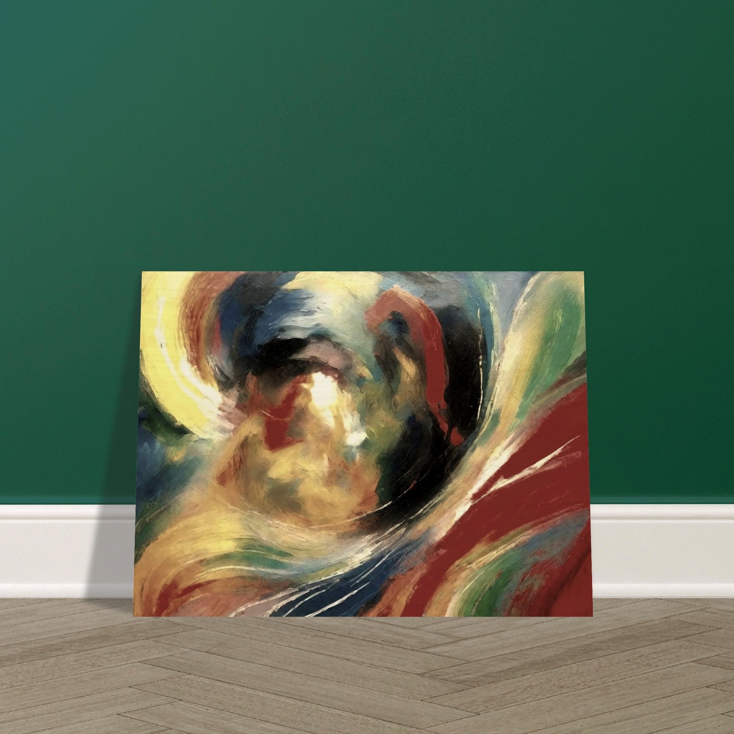 An abstract painting with swirling brushstrokes of vibrant colors, including red, yellow, blue, and green, creating a sense of dynamic movement