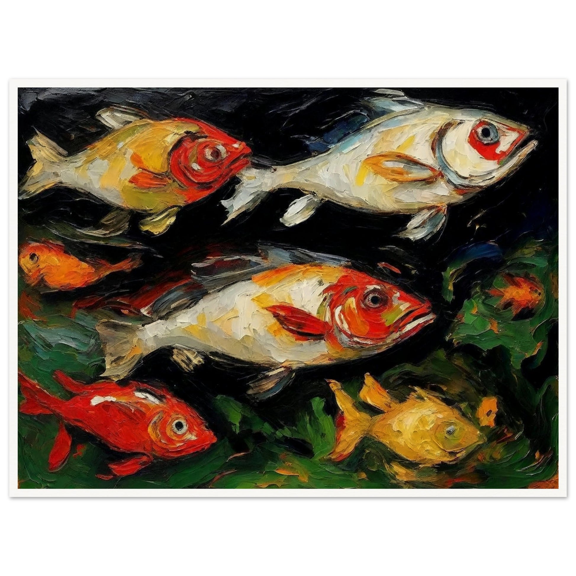 A vibrant painting of multiple colorful fish swimming in a dark aquatic environment, showcasing dynamic brushstrokes and rich hues.