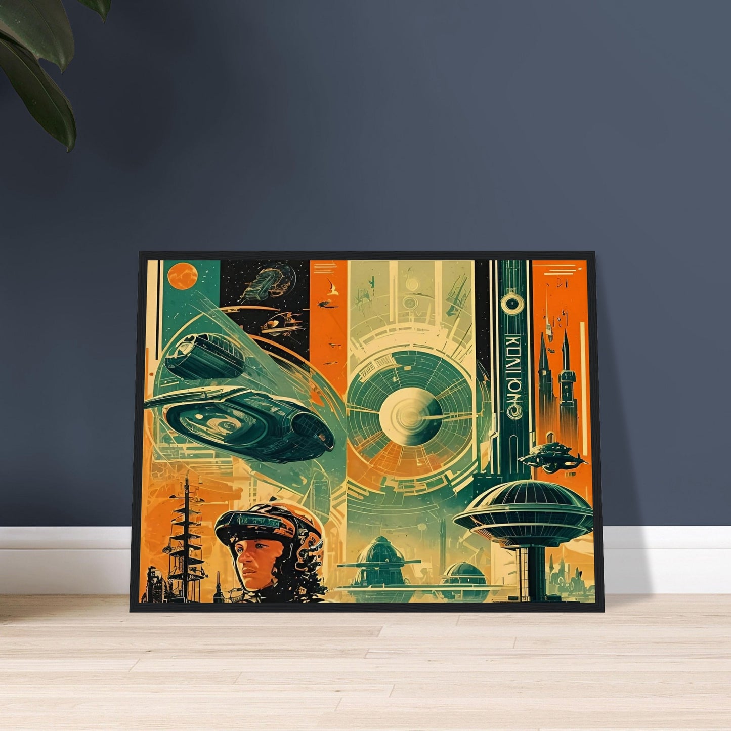 A vibrant, futuristic scene featuring a space traveler amidst advanced spacecraft, towering space structures, and a distant planet's atmosphere in bold shades of orange, teal, and blue.