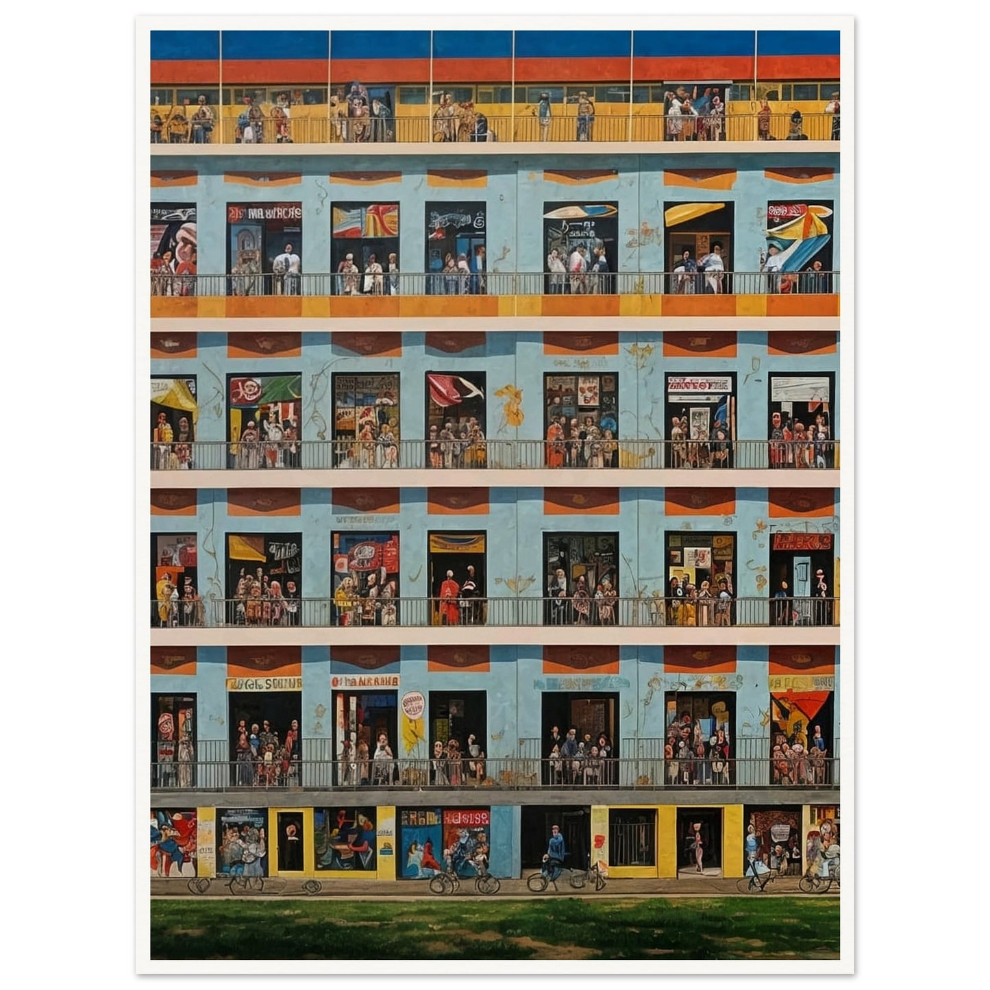 A detailed painting of a multistory building with numerous windows, each depicting different scenes of daily life.