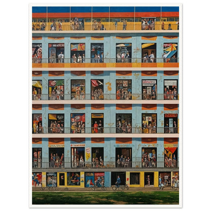 A detailed painting of a multistory building with numerous windows, each depicting different scenes of daily life.