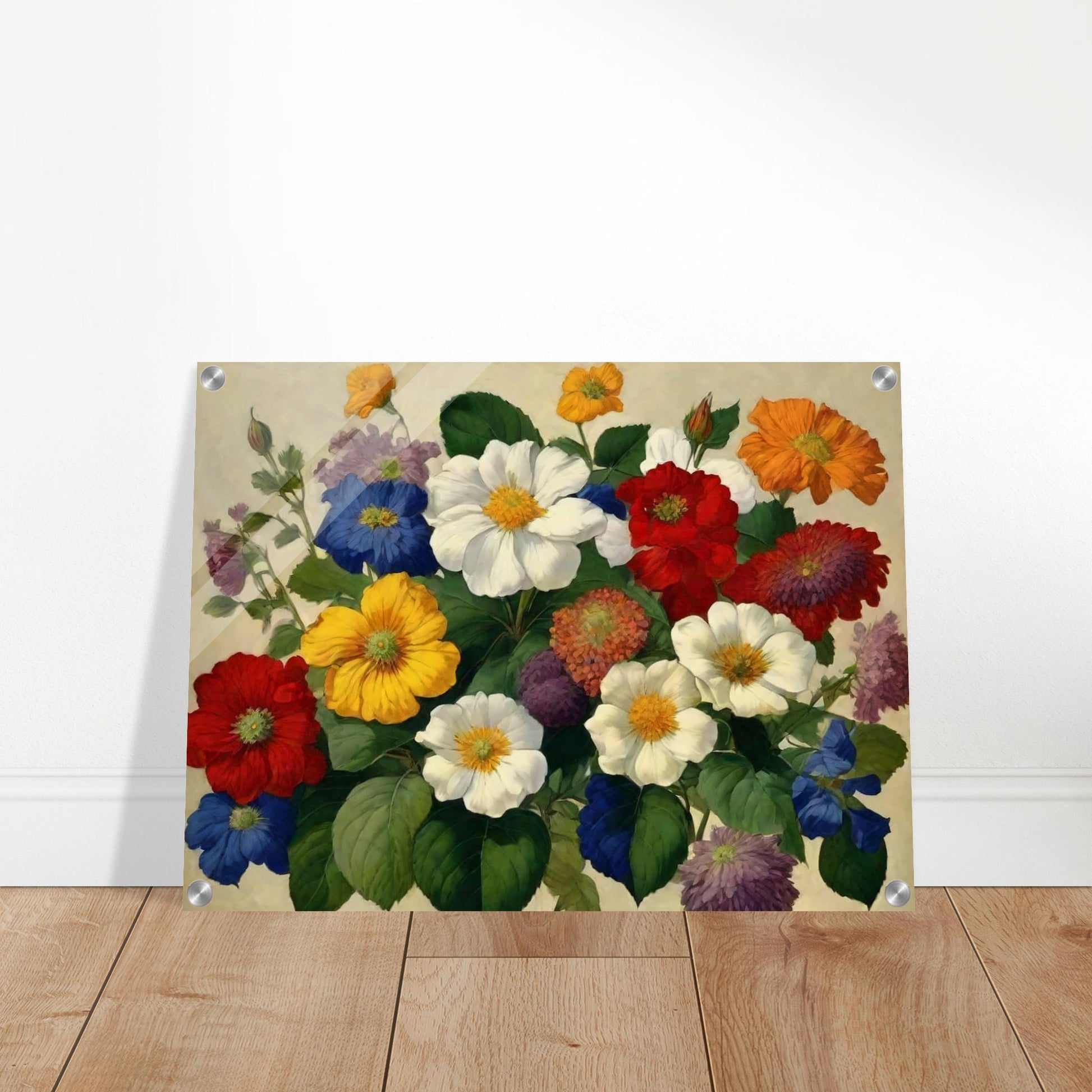 A lush bouquet of multicolored flowers with large, vibrant blooms, set against a soft, neutral background.