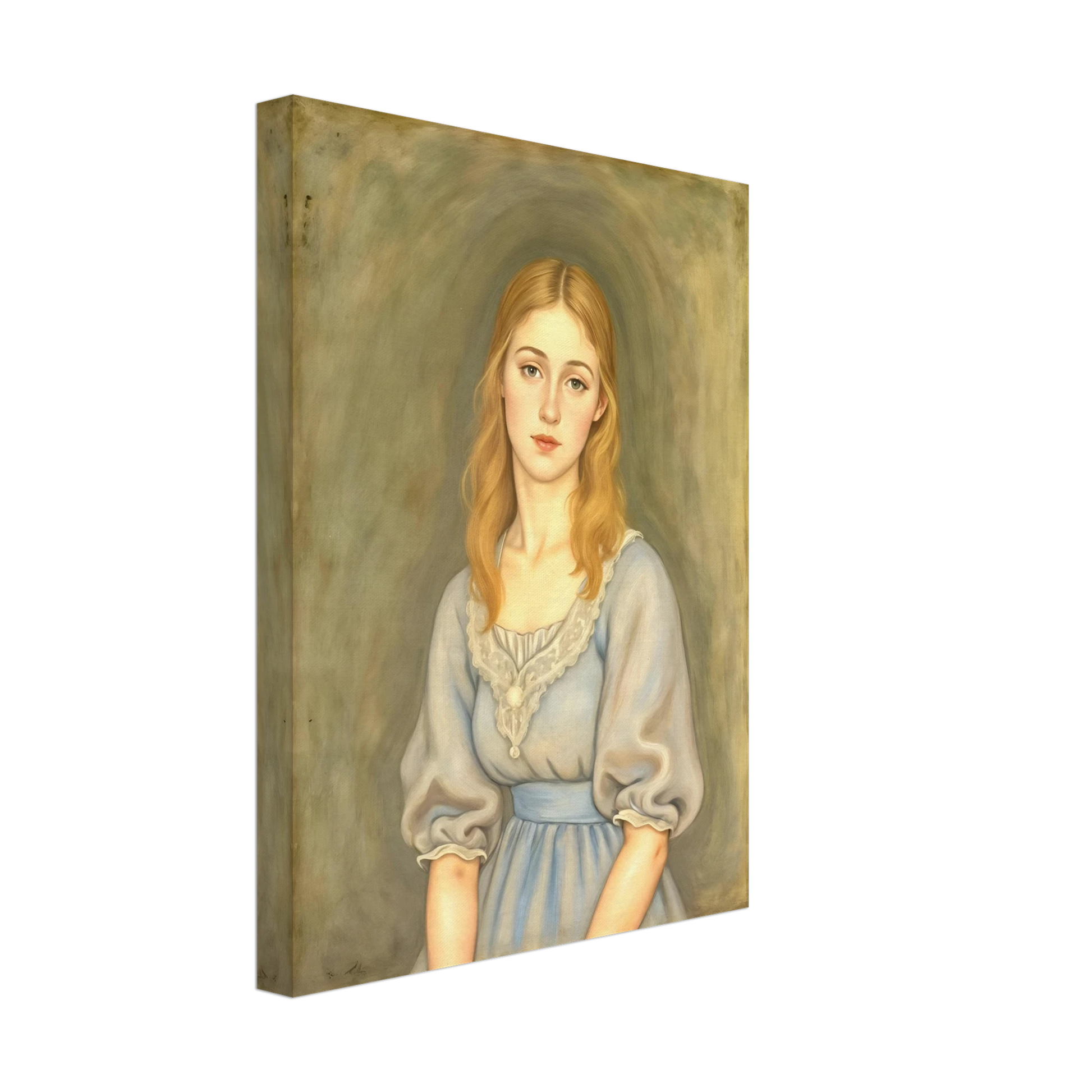 A serene young woman with flowing blonde hair and a pale blue dress gazes softly forward against a muted olive-toned background.