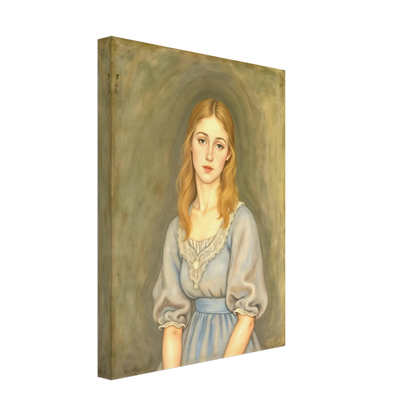 A serene young woman with flowing blonde hair and a pale blue dress gazes softly forward against a muted olive-toned background.