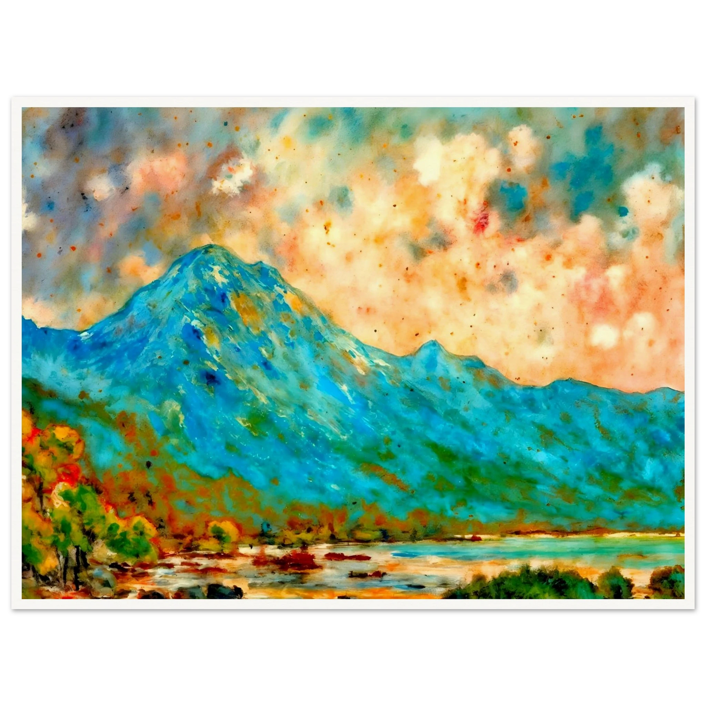 Vivid blue mountain rising above reflective waters beneath a luminous peach and turquoise sky, bursting with expressive color and energy.
