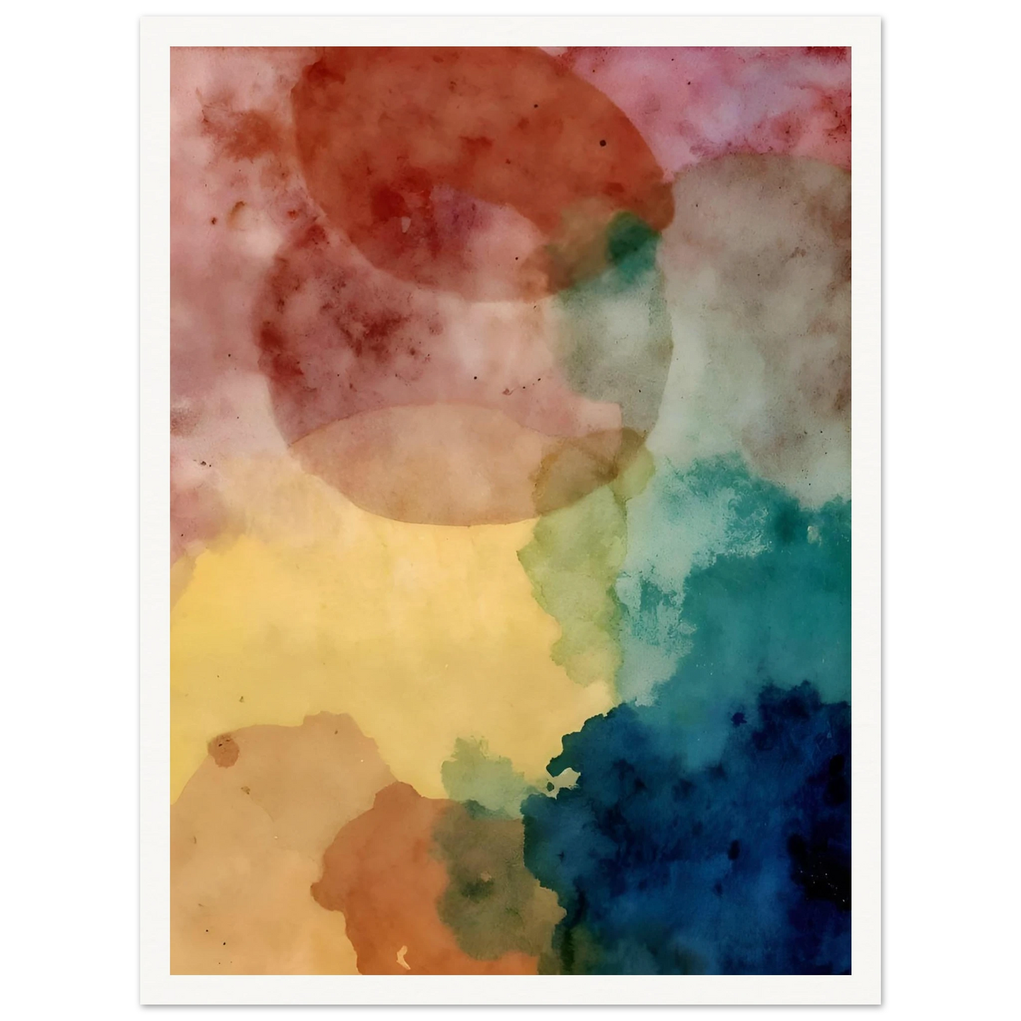 An abstract watercolor composition featuring overlapping translucent shapes in soft pink, yellow, teal, blue, and earth tones, creating a dreamy and atmospheric visual balance.