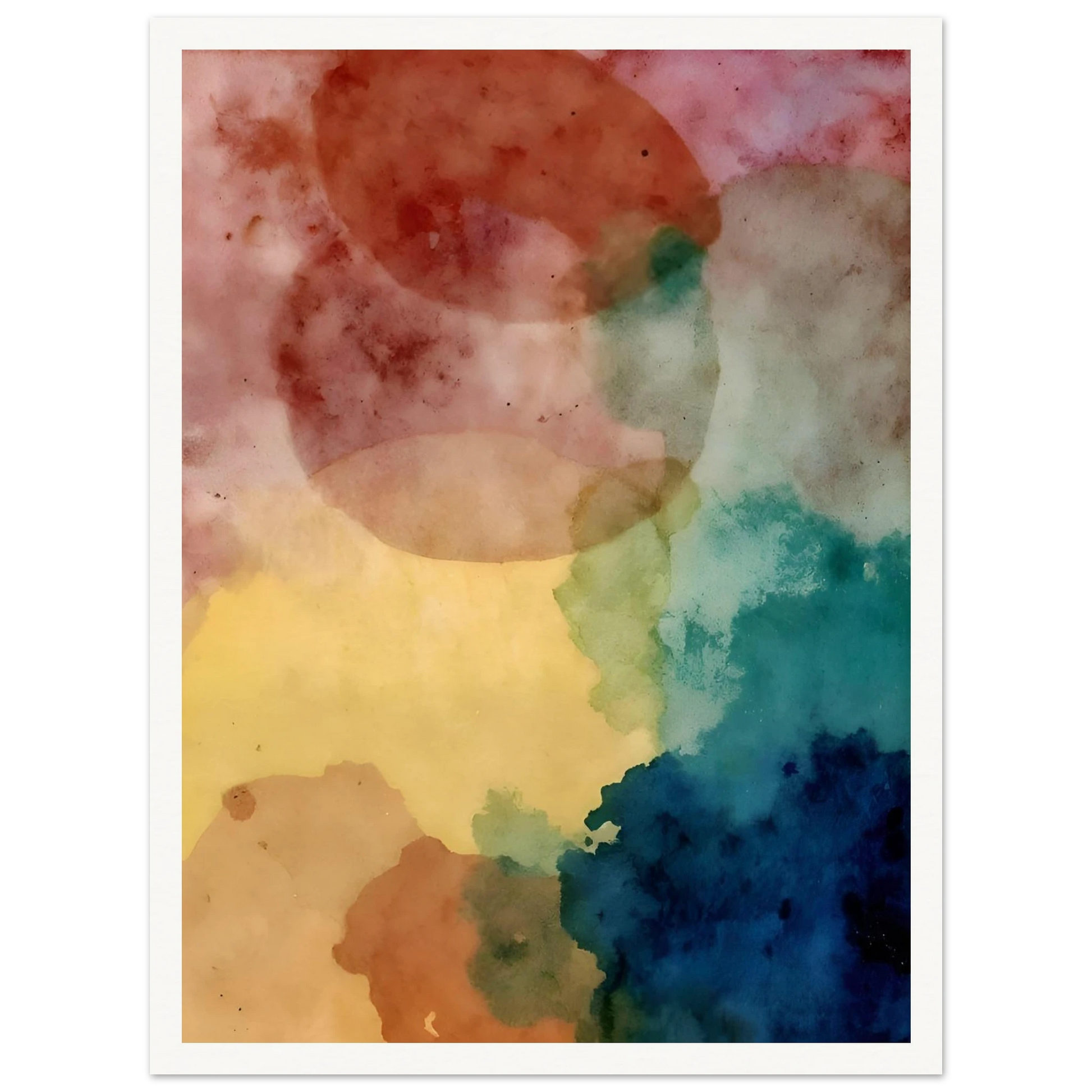 An abstract watercolor composition featuring overlapping translucent shapes in soft pink, yellow, teal, blue, and earth tones, creating a dreamy and atmospheric visual balance.