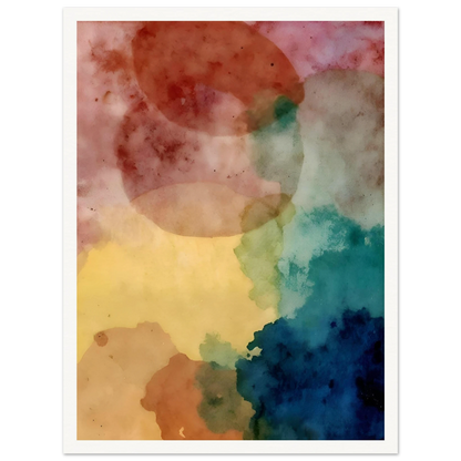 An abstract watercolor composition featuring overlapping translucent shapes in soft pink, yellow, teal, blue, and earth tones, creating a dreamy and atmospheric visual balance.