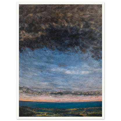 A landscape painting featuring a vast, dramatic sky with dark clouds and a hint of sunset over a calm, green terrain.