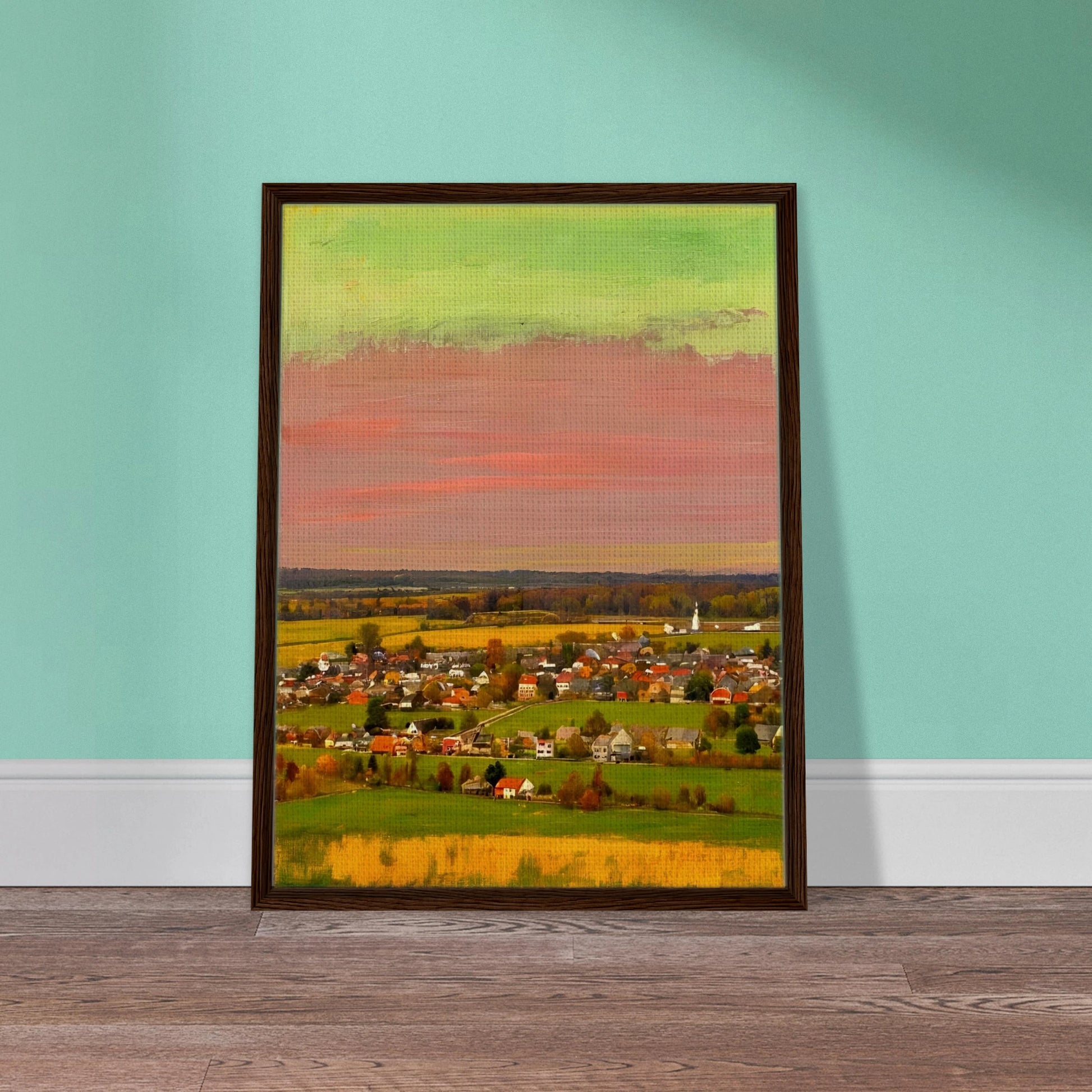 Sunset-lit village landscape with vivid pink, green, and yellow skies over fields and houses.