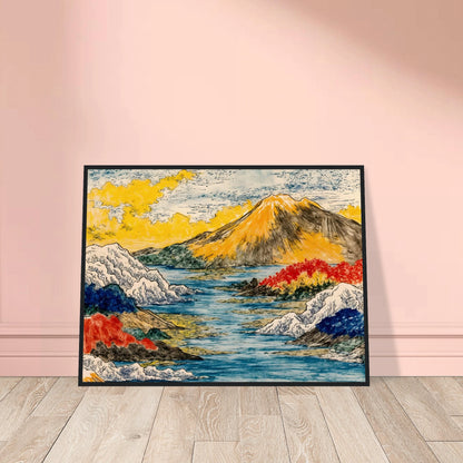 Golden mountain rises over blue water, snowy hills, red trees, and bright yellow clouds.
