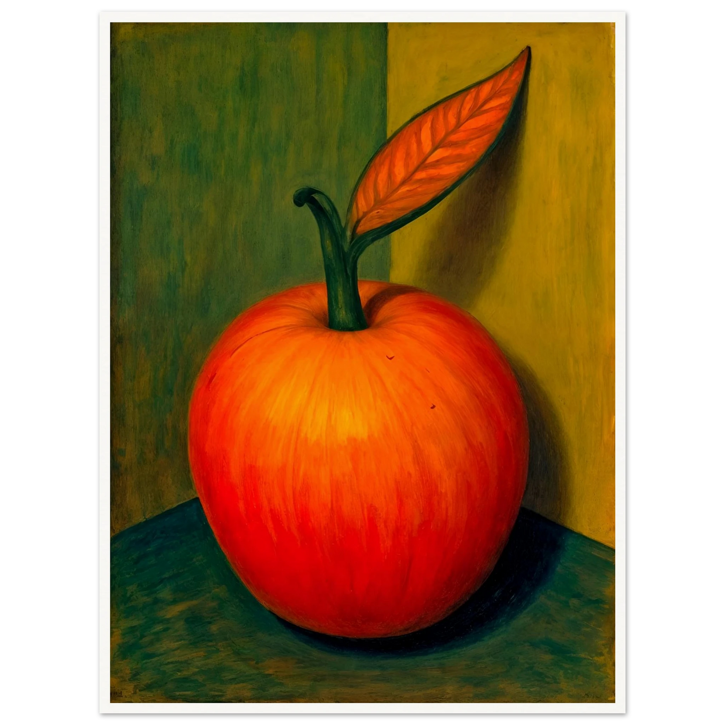 A bold still-life of a glowing red-orange fruit with a single leaf, casting soft shadows against a golden-green background.