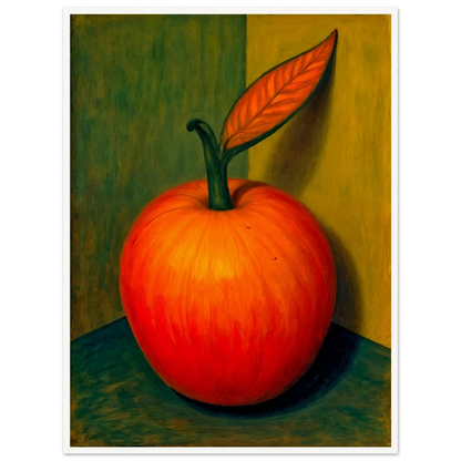 A bold still-life of a glowing red-orange fruit with a single leaf, casting soft shadows against a golden-green background.