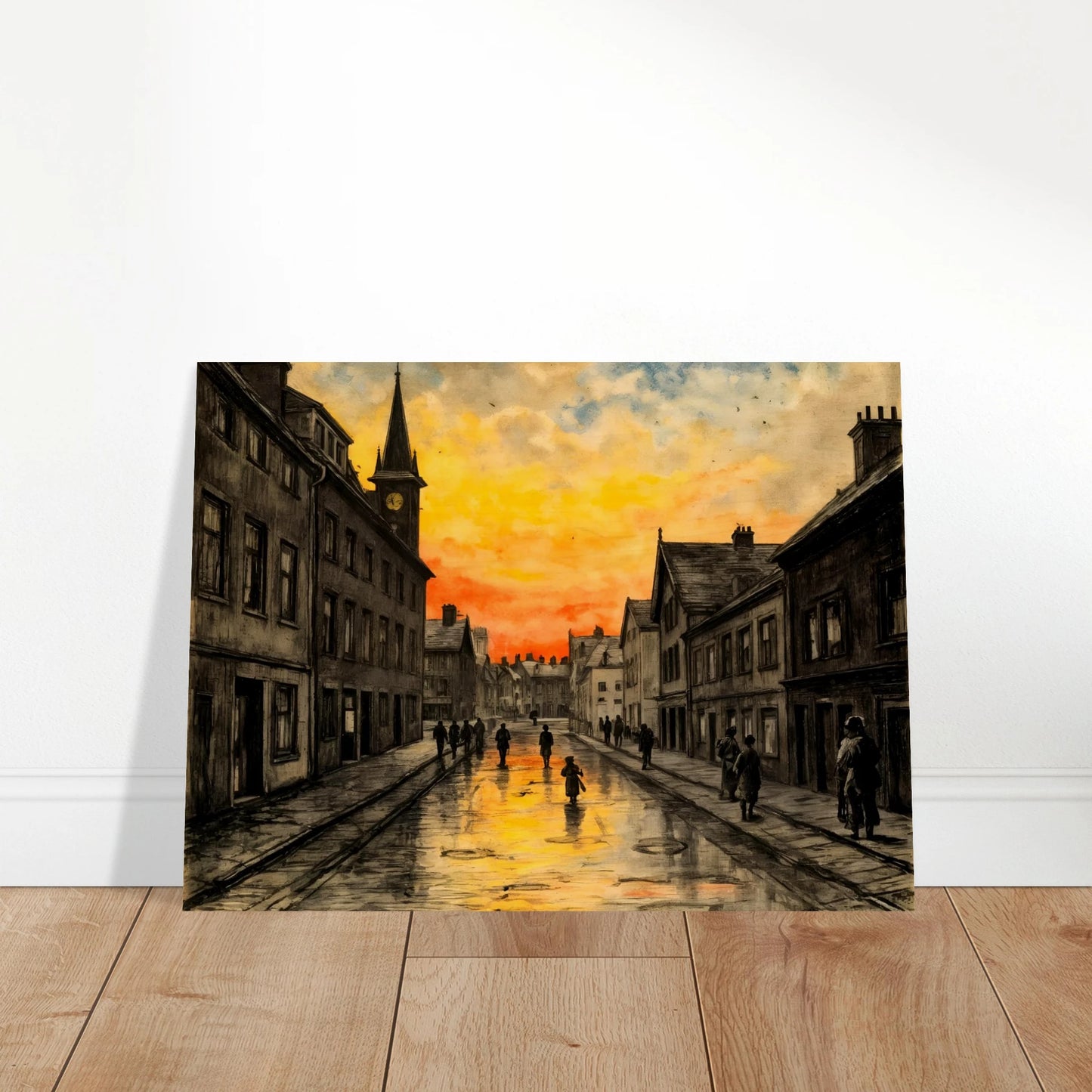 A vintage town street glows beneath a fiery sunset, with wet cobblestones reflecting amber skies and quiet figures walking home.