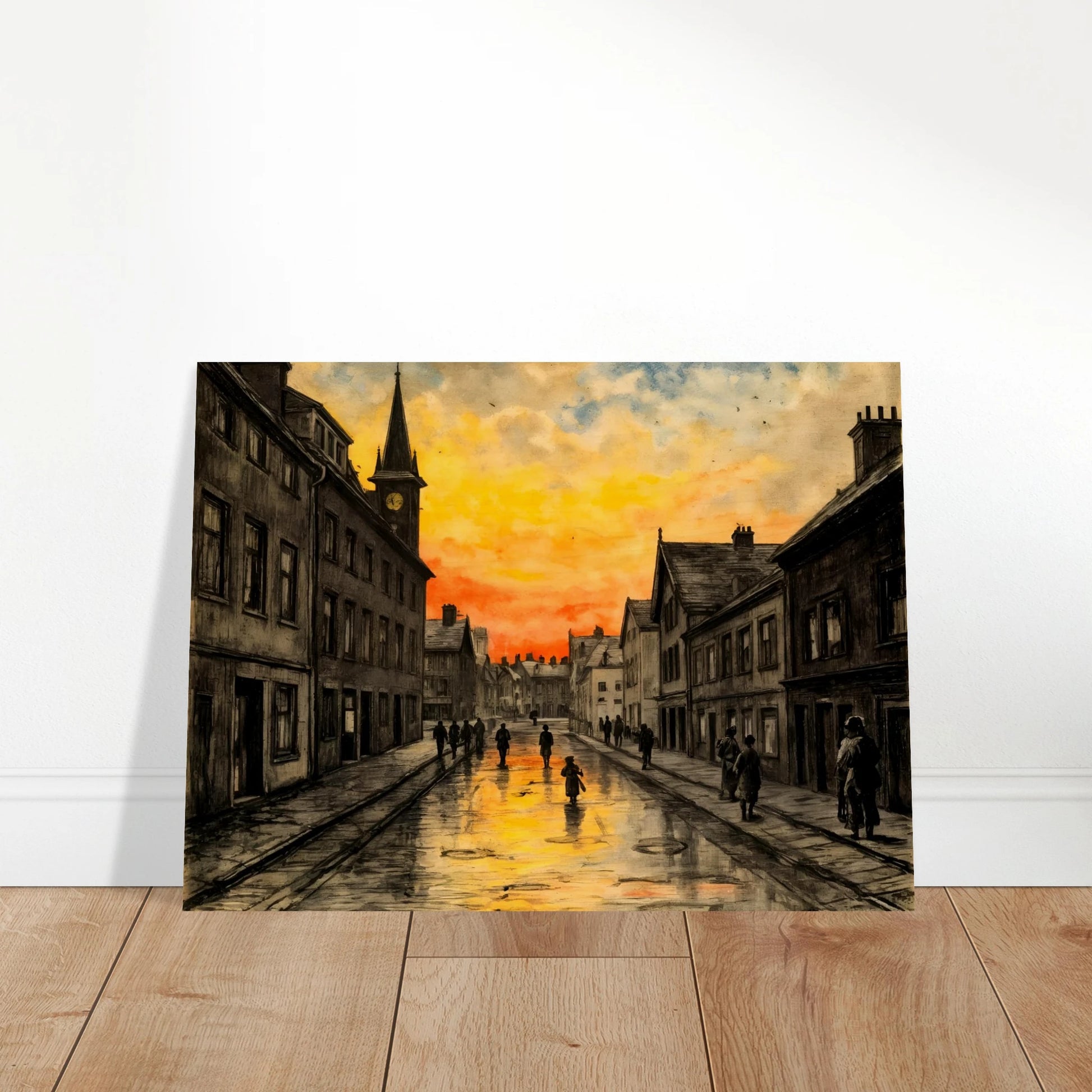 A vintage town street glows beneath a fiery sunset, with wet cobblestones reflecting amber skies and quiet figures walking home.