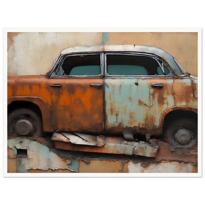 A captivating painting of a rusted vintage car with faded orange and blue paint, set against a textured and peeling wall background.