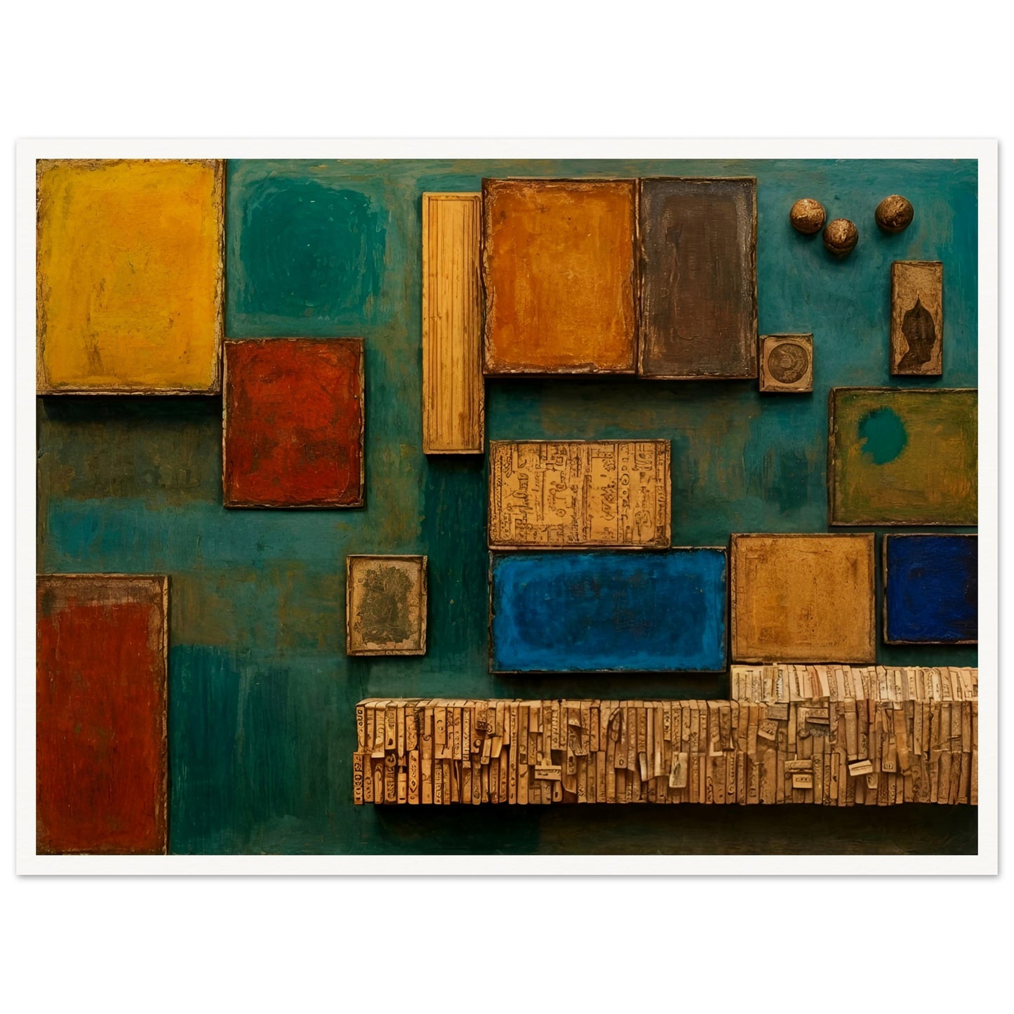 A textured mixed-media artwork with wooden blocks, vintage paper, and rich colors like teal, ochre, and deep red, forming an intricate geometric collage.