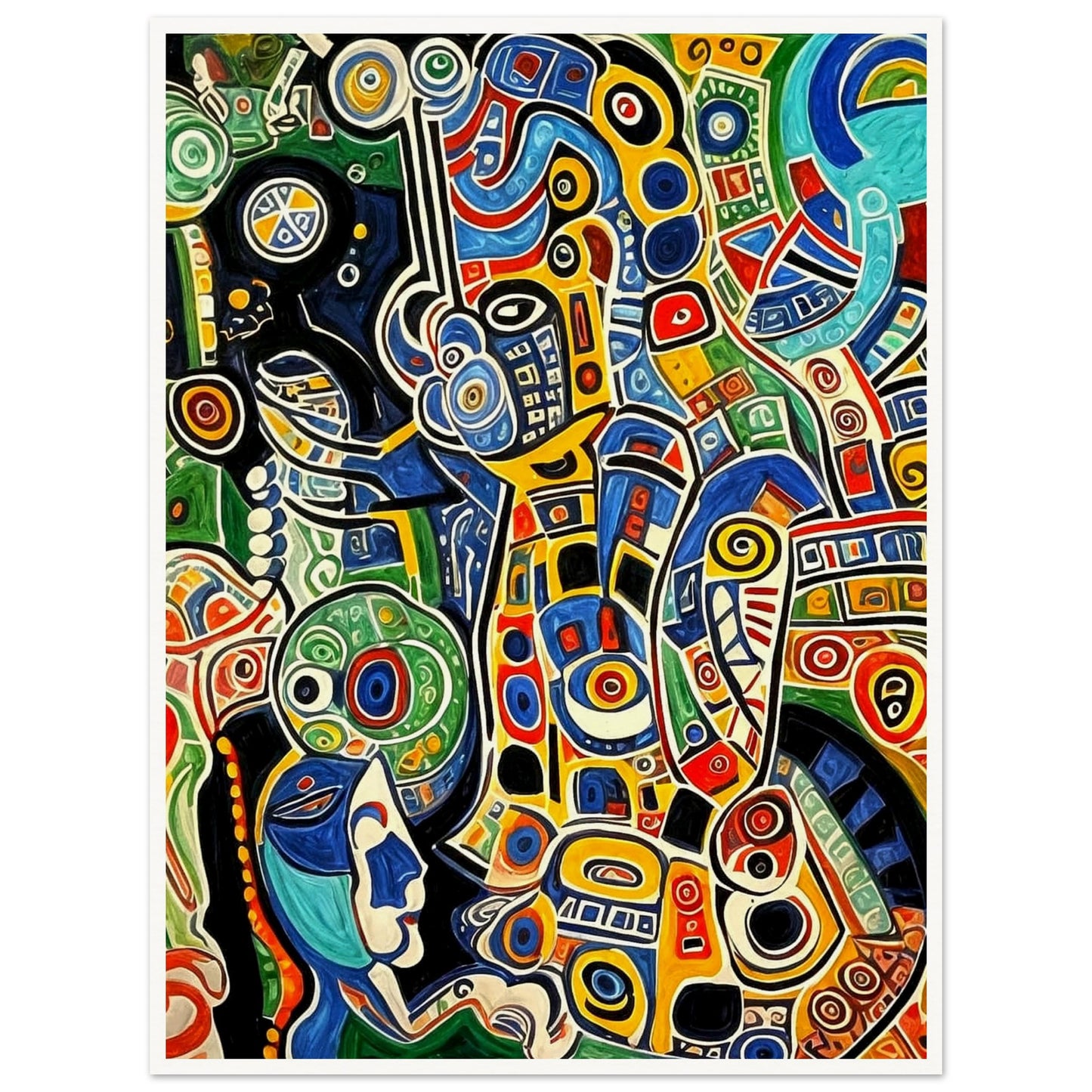 Bold and intricate abstract patterns in vibrant colors like blue, red, yellow, and green, forming a dynamic and energetic composition of swirling shapes.