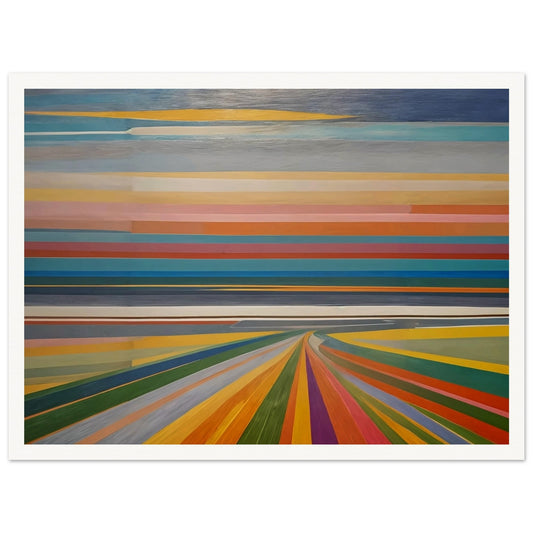 Abstract painting featuring horizontal bands of various colors, resembling a vibrant horizon and colorful road leading into the distance.