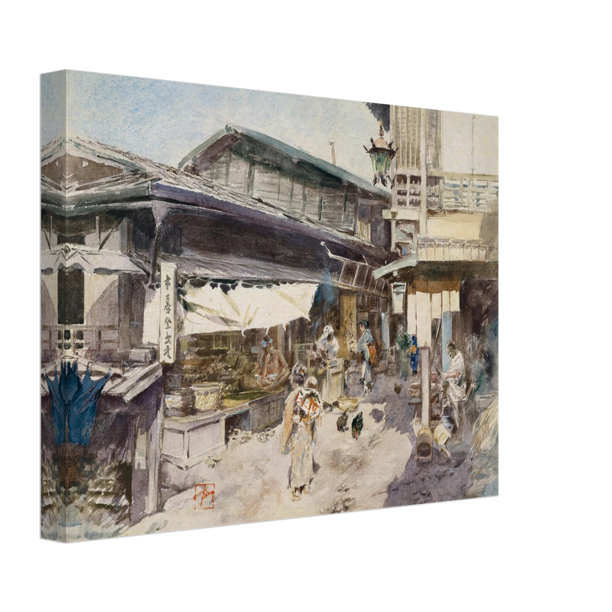 A lively Japanese street scene with shops, lantern, people, and chickens in soft watercolor.