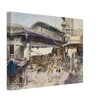 A lively Japanese street scene with shops, lantern, people, and chickens in soft watercolor.