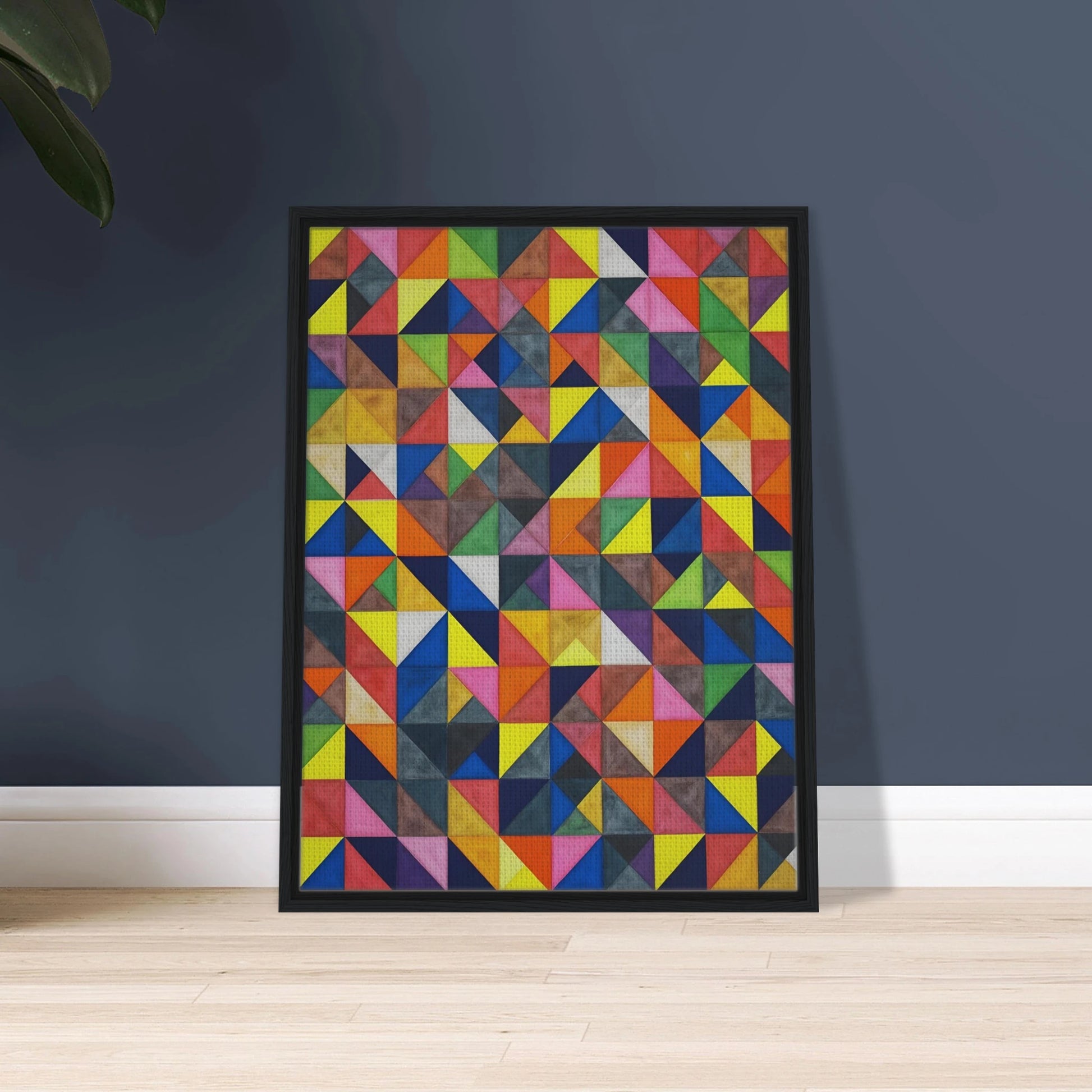 A vibrant grid of multicolored triangles forms an intricate mosaic of shifting patterns, blending symmetry, movement, and playful precision.