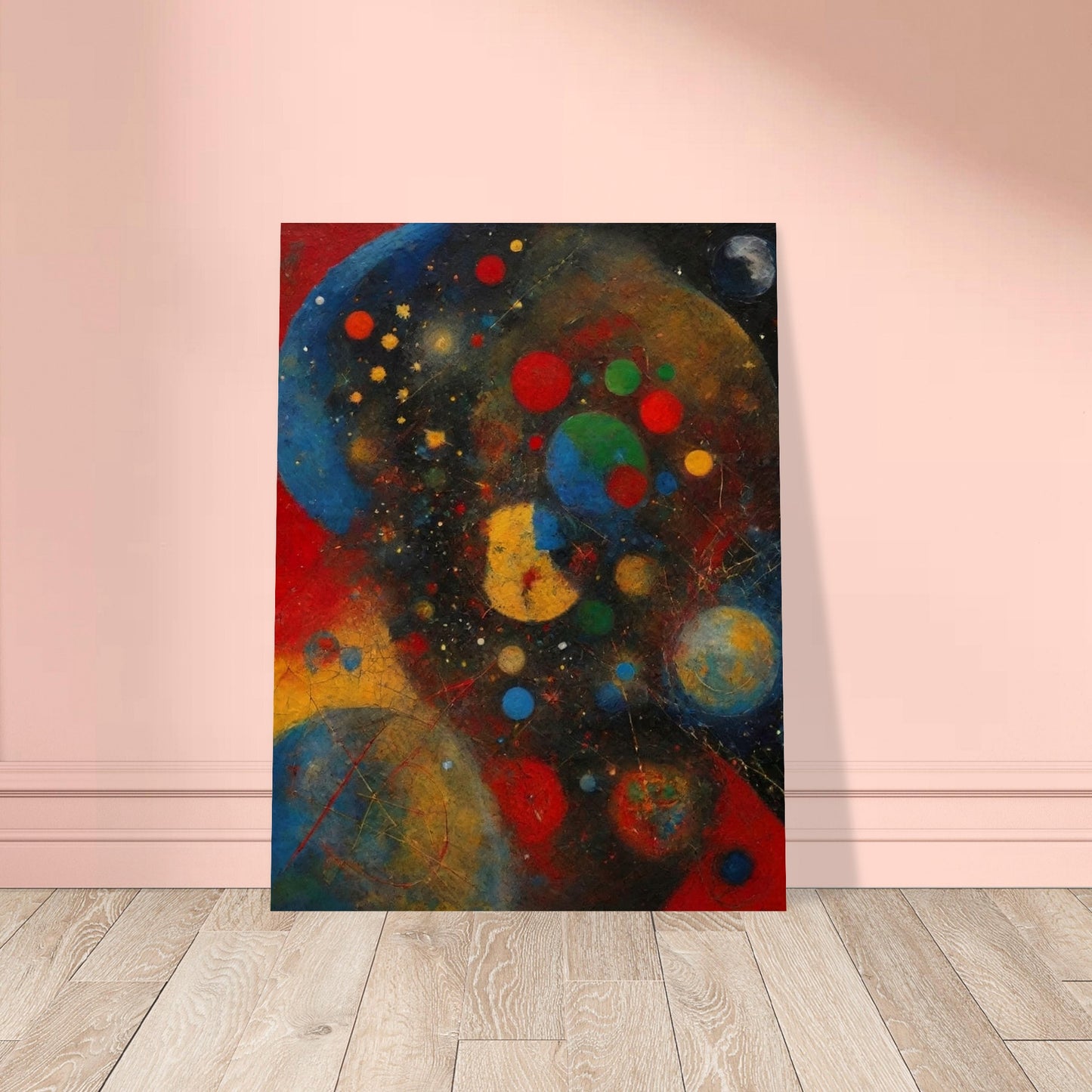 An abstract painting with vibrant colors and shapes, depicting a cosmic scene filled with celestial bodies.