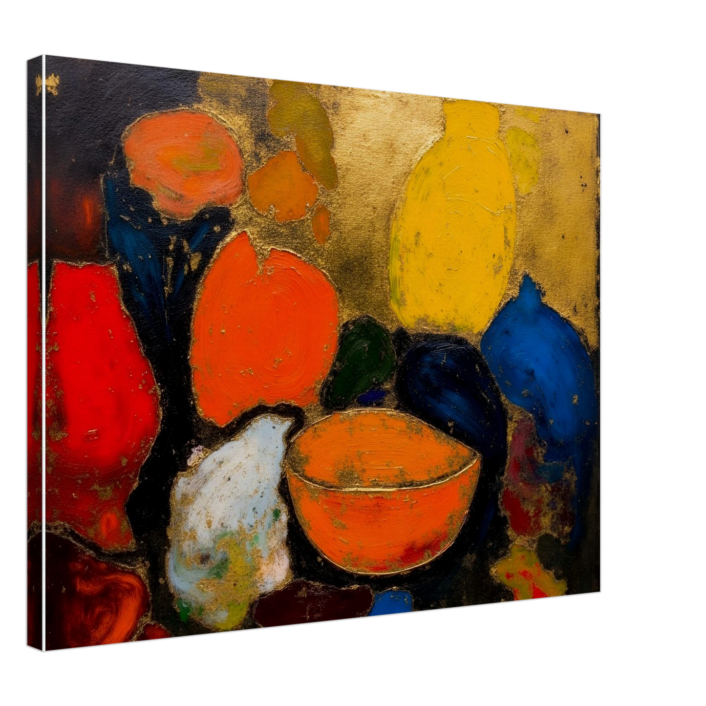Colorful still life with yellow and blue vases, orange bowl, red fruit, and dark textured background.