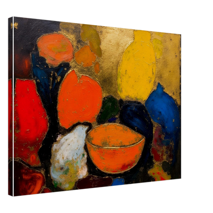 Colorful still life with yellow and blue vases, orange bowl, red fruit, and dark textured background.