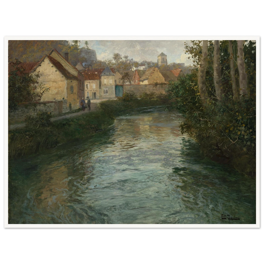 A village river curves past houses and trees, with shimmering green-blue reflections on the water.