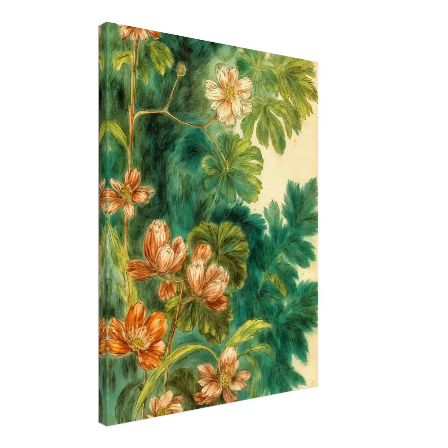 Delicate peach blossoms and layered green leaves drift across a lush teal backdrop, creating a botanical tapestry of softness and movement.