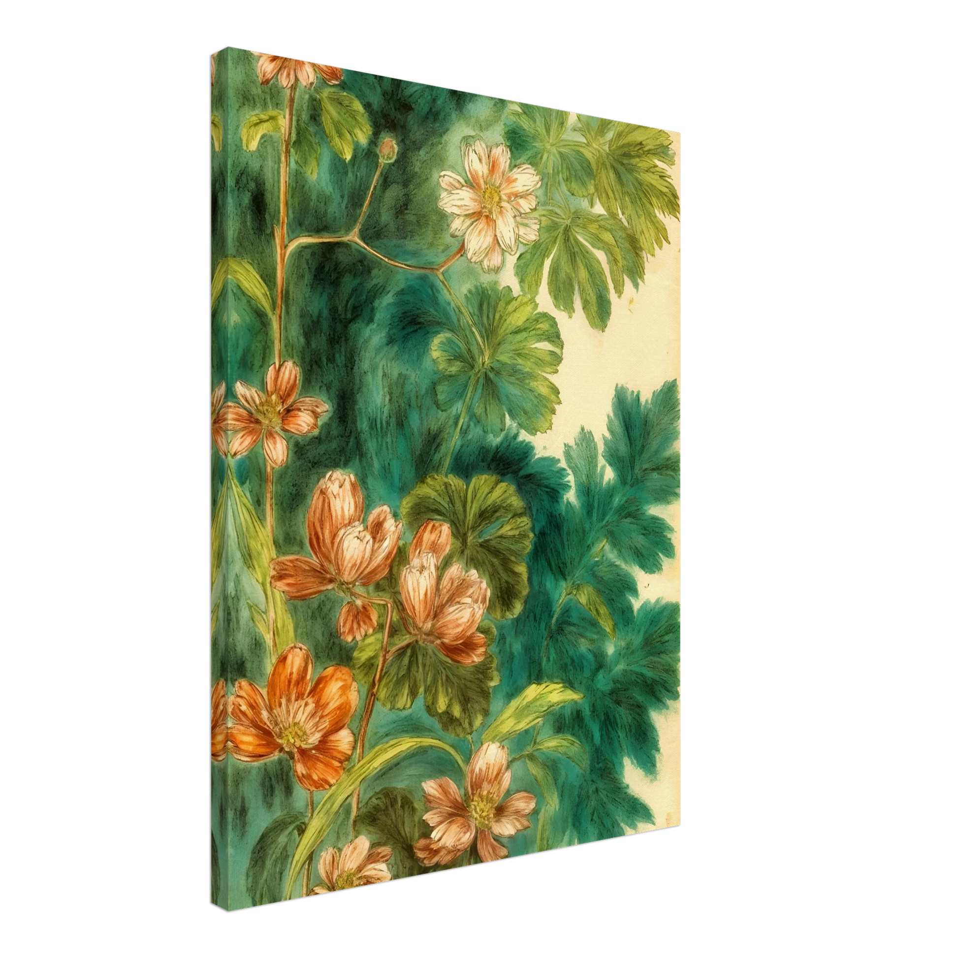 Delicate peach blossoms and layered green leaves drift across a lush teal backdrop, creating a botanical tapestry of softness and movement.