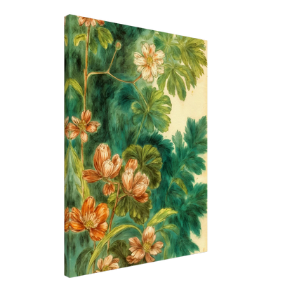 Delicate peach blossoms and layered green leaves drift across a lush teal backdrop, creating a botanical tapestry of softness and movement.