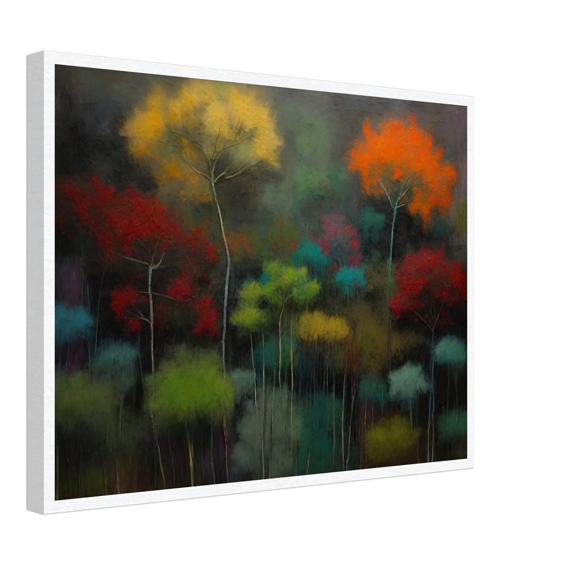 A mystical painting depicting a forest with trees in vibrant colors. The foliage is painted in shades of yellow, orange, red, green, and teal, against a dark and moody background, creating a surreal and dreamlike atmosphere.