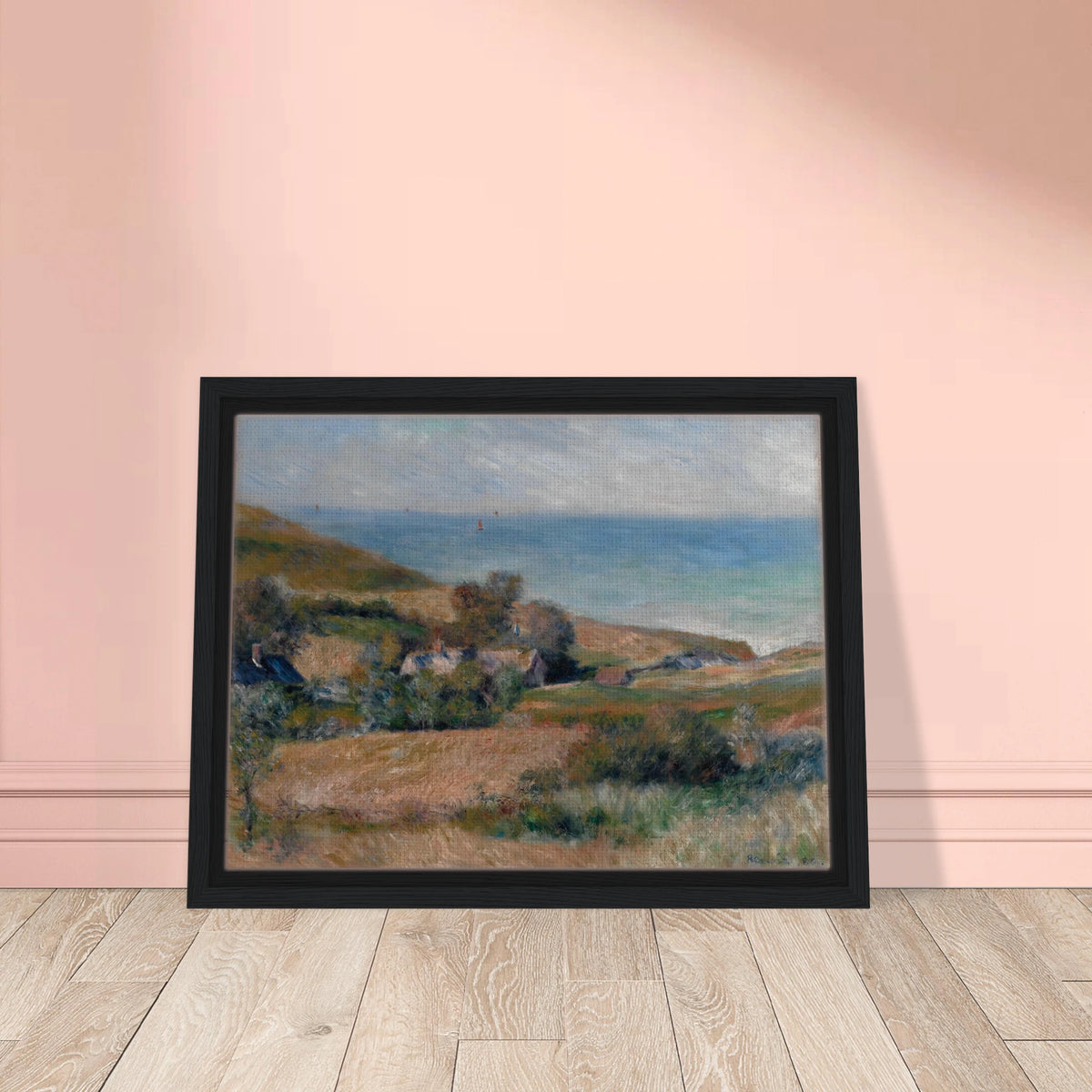 A Normandy coast with grassy fields, cottages, and a calm blue sea beneath a pale sky.