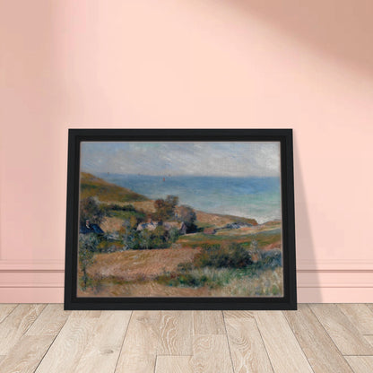 A Normandy coast with grassy fields, cottages, and a calm blue sea beneath a pale sky.
