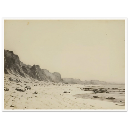 Minimal coastal landscape with pale sandy shore, rugged cliffs, scattered stones, and calm sea rendered in soft monochrome tones.