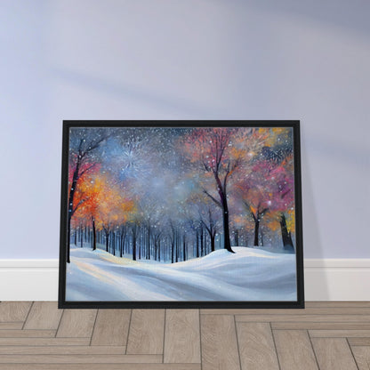 A magical winter forest with colorful, softly glowing trees covered in snow, surrounded by a serene snowfield under a shimmering twilight sky.

