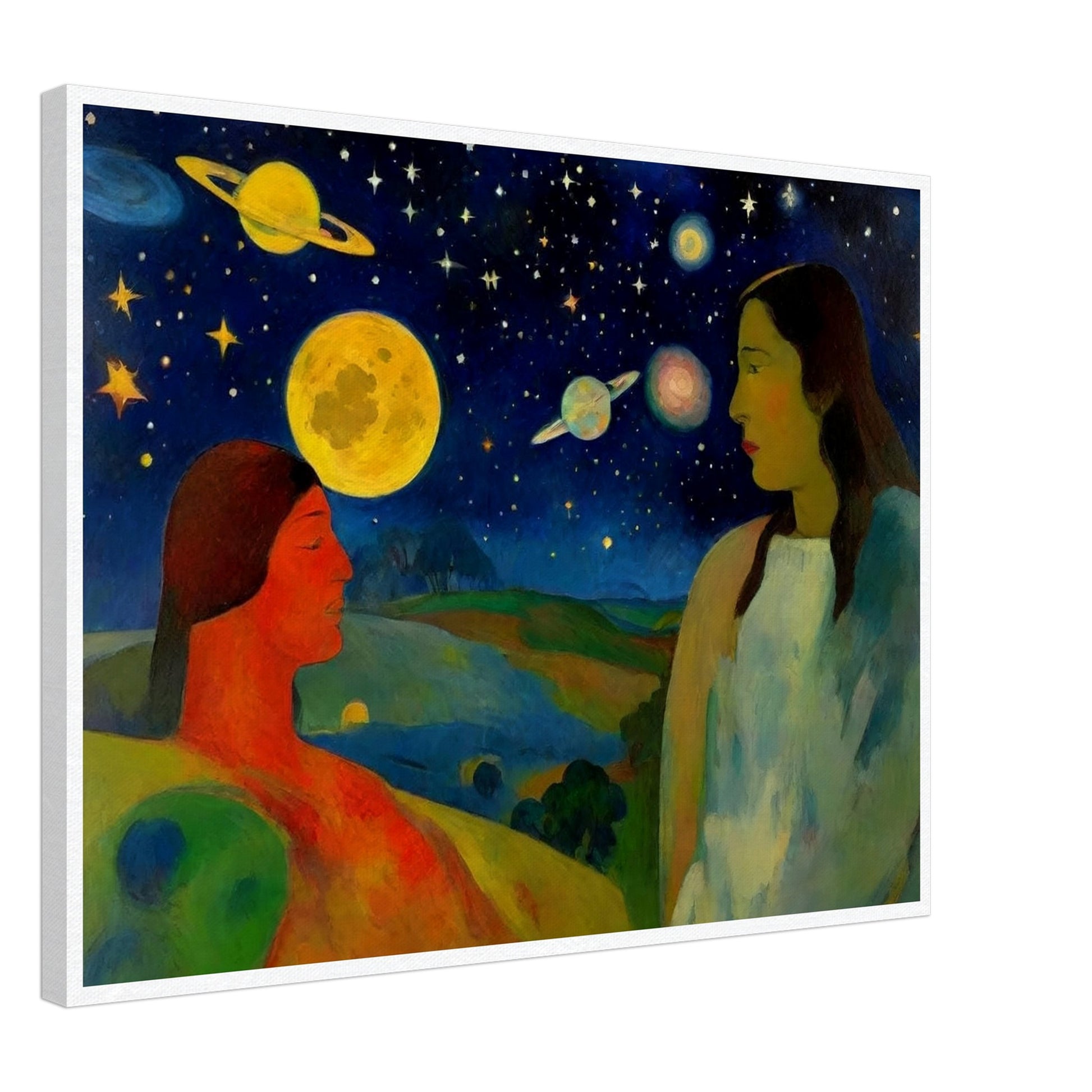 A vibrant scene of two people under a cosmic sky, featuring large planets and stars, set in an otherworldly landscape